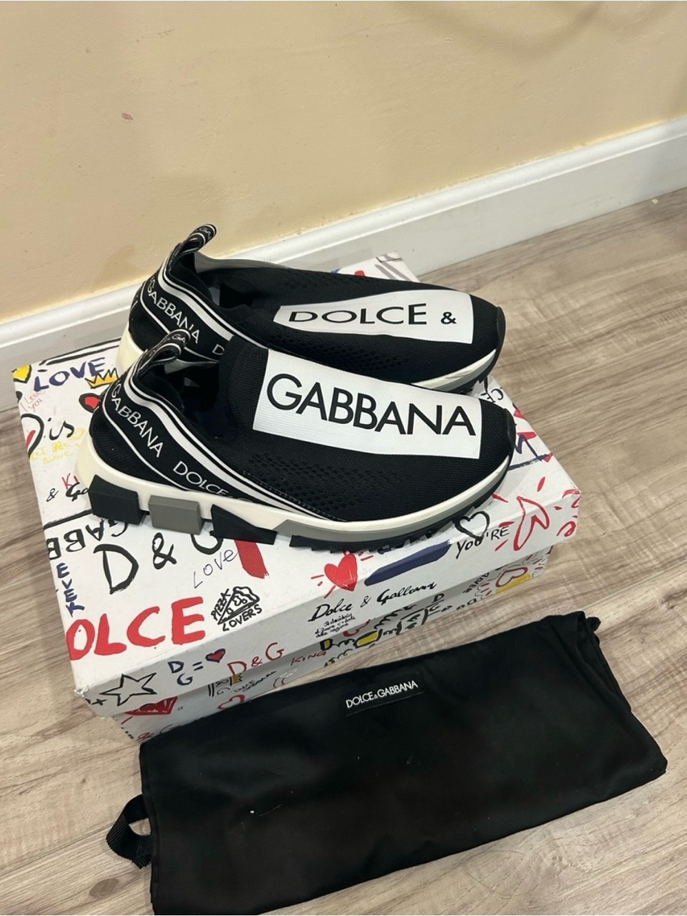 Final Sale Dolce & Gabbana Black and White Logo Slip-On Sneakers